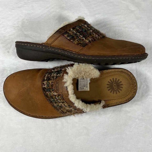 UGG Australia Opaline Plaid Tweed Sheepskin Lined Clogs Shoes Tan Leather 10 - Picture 1 of 10